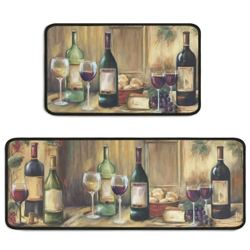 Wine Cellar Kitchen Rug Set 2 Pieces Wooden Barrel Runner Carpet Vintage Grapes Home Bedside Area Rugs