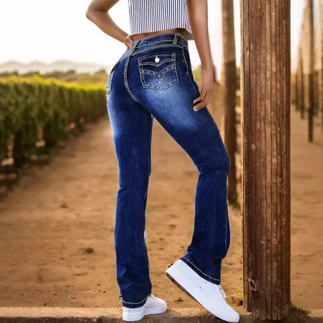 Pantalones vaqueros acampanados para mujer, vaqueros desgastados lavados, ropa de calle de cintura media, pantalones vaqueros de otoño 2025, pantalones con bolsillos bordados Vintage