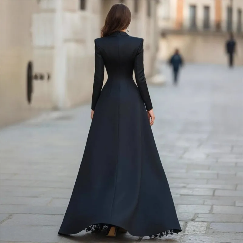 Luxury Elegant Solid Color Suit Skirt Two Piece Set V-neck Hollow Out Dress Temperament Long Sleeve Lace Spliced Evening Dress