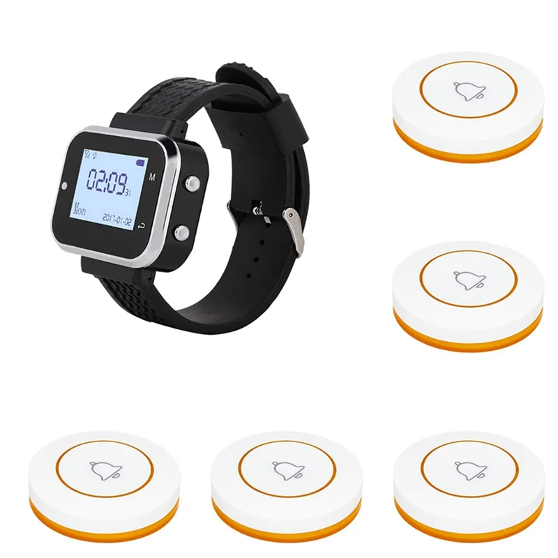 

Y50A-Беспроводная система вызова, 5 настольных кнопок вызова, передатчики, 1 пейджер для часов, звонок для официанта в ресторане, зуммер