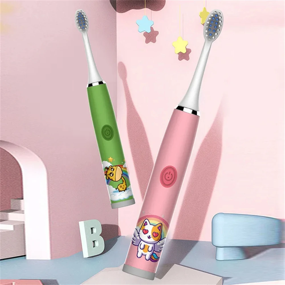 Electric Sonic Kids Toothbrush Cartoon Smart Ultrasonic Whitening With 6 pcs Replacement. IPX7 soft hair