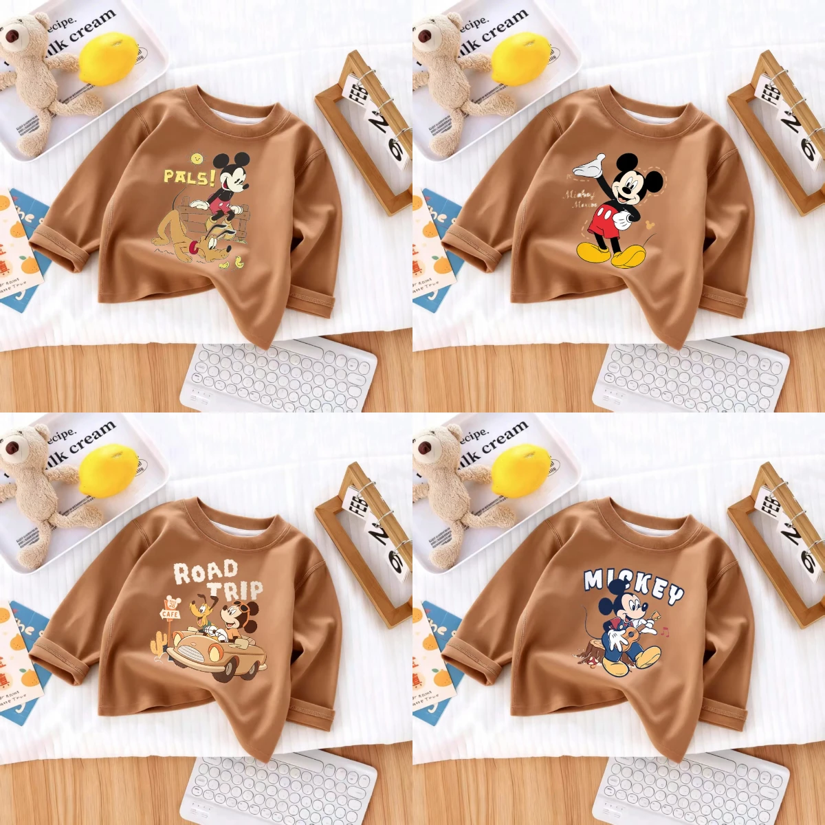 

Коричневая футболка для малышей, свитшот, хлопковая одежда, Микки Маус, графика для маленьких детей, вязаный детский костюм, одежда для малышей