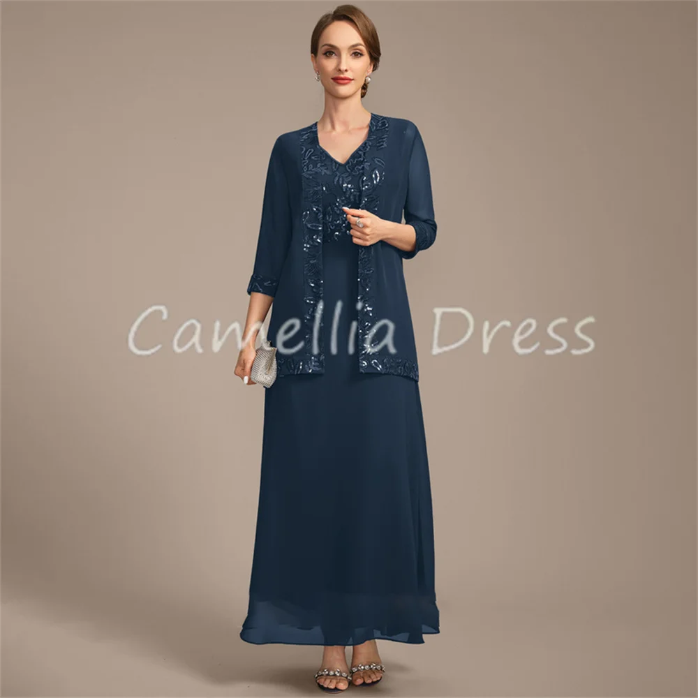 New V-Neck Mother Of The Bride Dress Ankle-Length Chiffon Lace Sequin A Line Formal Dresses Vestidos Mae Da Noiva Casamentos