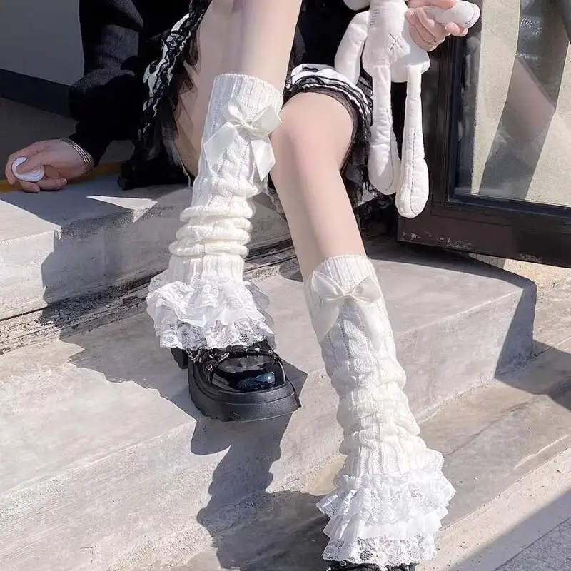 Lolita Lace Ruffle Leg Warmers Women Bow Tie Knit Calf Socks Cute Japanese Style Mid Calf Slim Fit Boot Socks Kawaii Accessories image 2