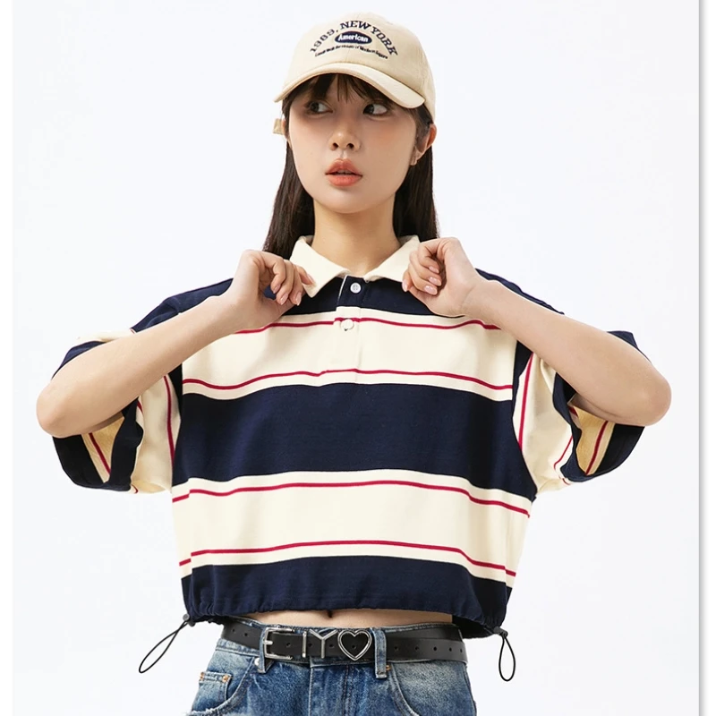 

Japanese Retro Clashing Stripe Polo Short Sleeve Women's Summer Model Hem Adjustable Casual Loose Short T-Shirt