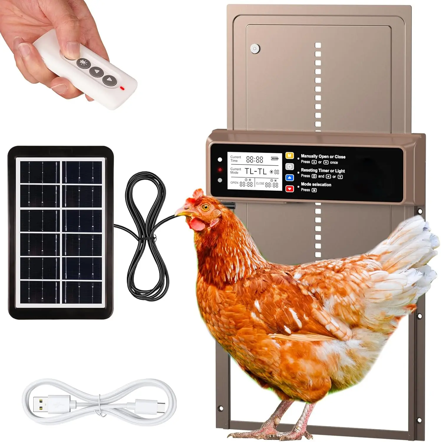 Chicken Door with Timer & Light Sensor, Aluminum Alloy Chicken Door with Remote Control & 4 Modes Automatic Chicken Door Solar