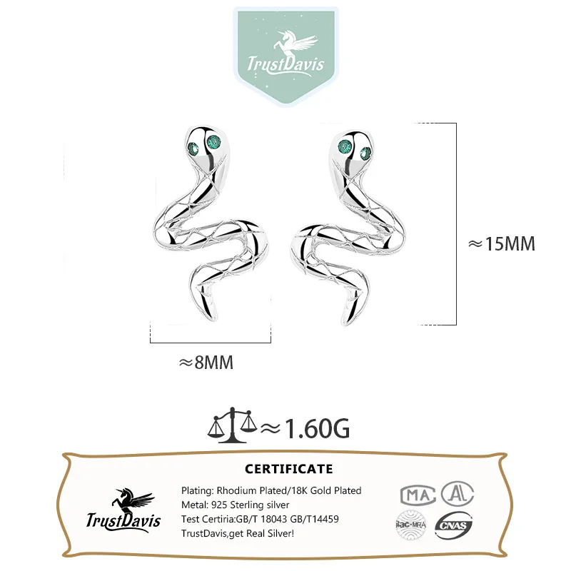 الثقة ديفيس ريال 925 فضة المرأة قرط الاذن المرصع موضة الأفعى دوامة أقراط للنساء مجوهرات للبنات هدايا DS4246