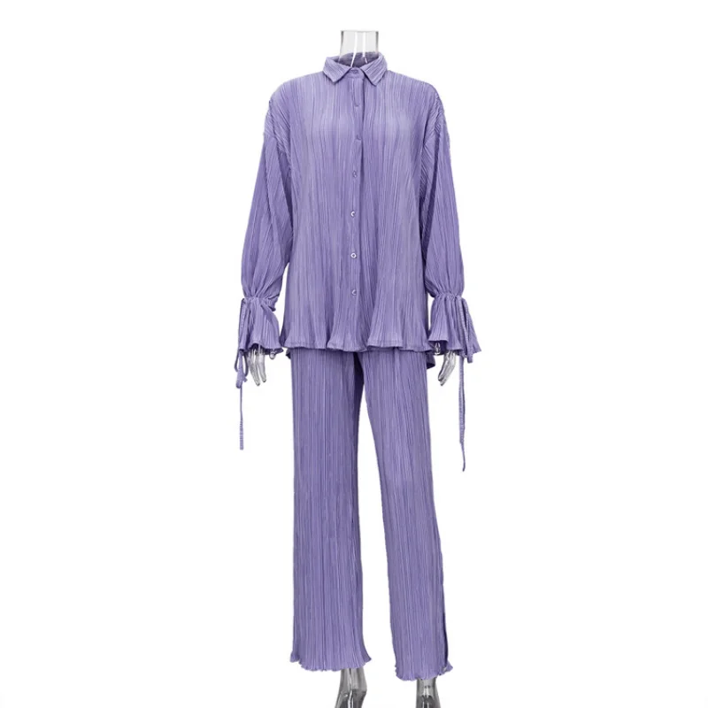 Spring Autumn Bell-sleeved Shirts Wide-leg Pants Two-piece Pleated Casual Suit Women's Fashion Chic and Comfortable Suit Ladies