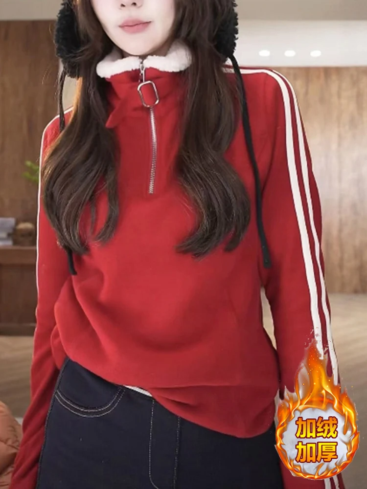 

Thiened f Zipper Stand Collar Particle Fce Sweatirt Women's Winter Faionable Color Blo Casual Versatile Top