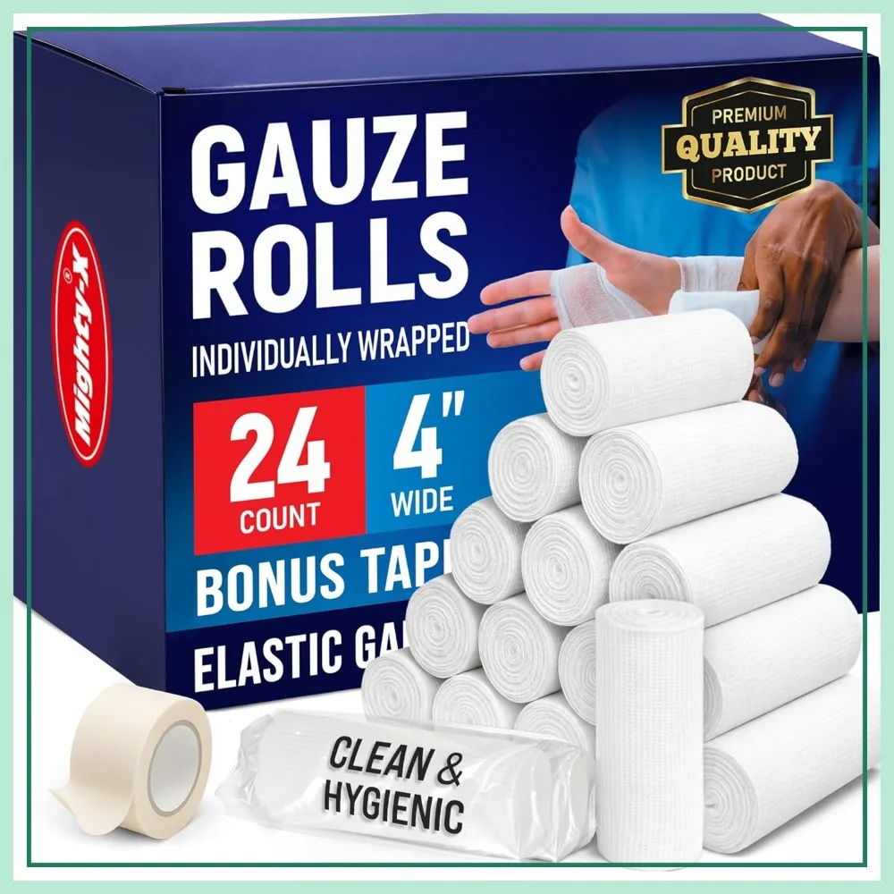 

24 Gauze Rolls 4x4.1yd, Soft Breathable Latex-Free Bandages with Tape, First Aid Stretch Wrap