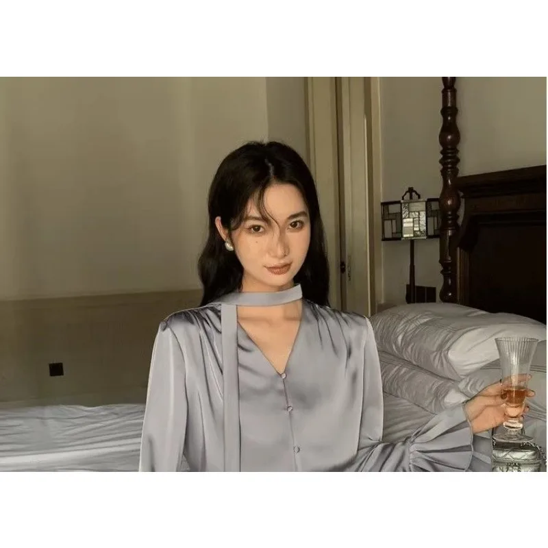 QWEEK Korean Style Luxury Solid Shirts Flared Sleeve Elegant and Youthful Minimalist Blouses Oversized Women's Clothing Autumn