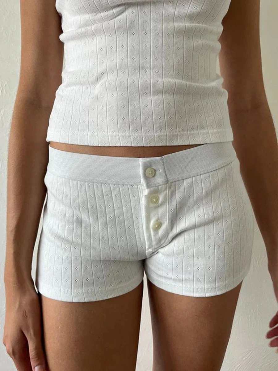 

Eyelet Cotton Solid Home Boy Shorts Summer Three Buttons Patchwork Elastic Waist Straight Short Pant Sweet Cute Woman Underwear