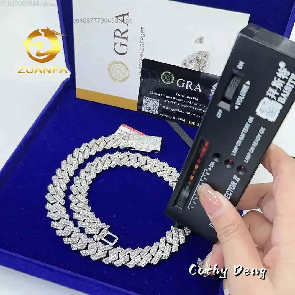 

Ready Shipping 3-row 15mm Hip Hop Ice Moissanite Diamond Cuban Chain Sterling Silver 925 Miami Cuban Link Necklace Anniversary