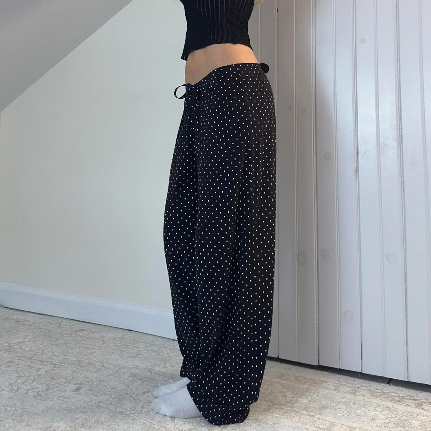 Y2k Aesthetics Polka Dot Printing Drawstring Pants Low Waist Straight Leg Length Trousers Women's All Season Bottoms