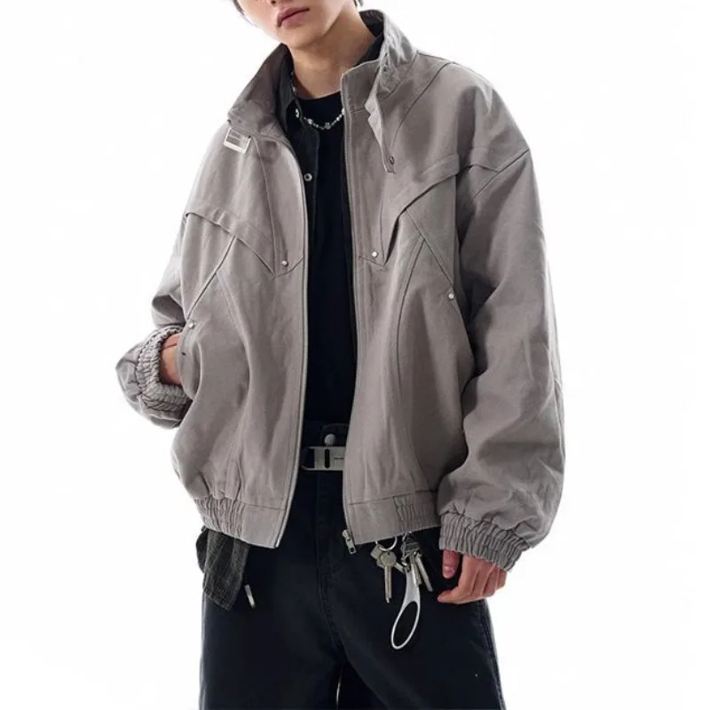 Japanese Style 3D Cut Stand Collar Workwear Jacket Men's Loose Casual Cleanfit Jacket Hard Wide Heavy Cargo Coats Strretwear