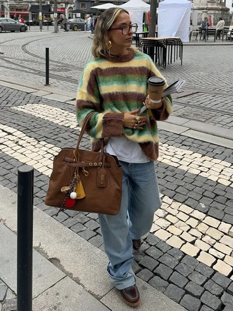 Schicker, farbenfroher gestreifter Damenpullover mit Rundhalsausschnitt, langen Ärmeln, lässiger Strickpullover, 2026 NEU Frühling, locker sitzende Damenpullover – Detail 8