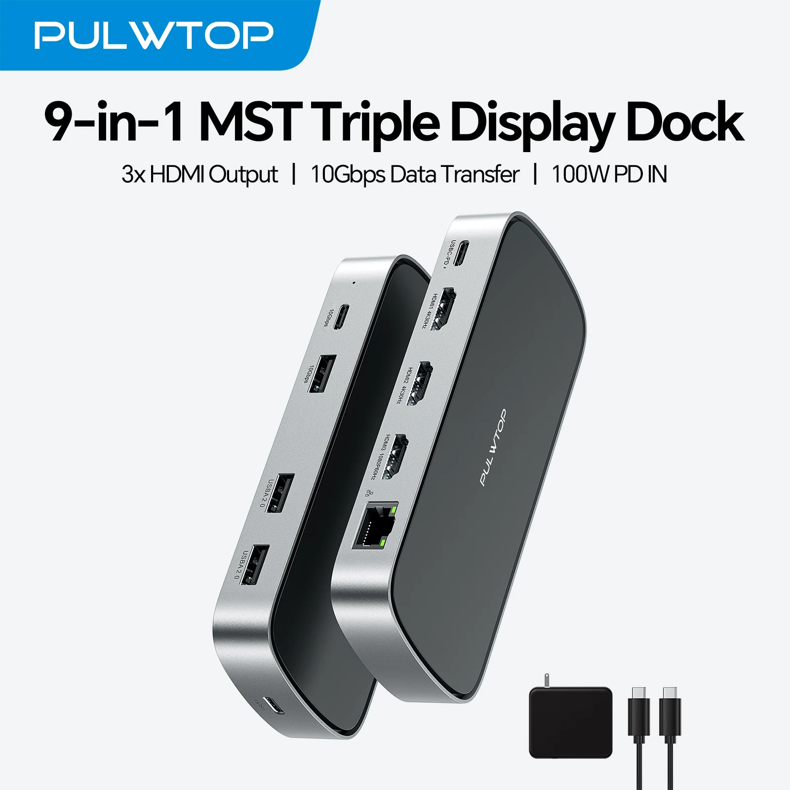 PULWTOP Laptop Docking Station Dual 4K Display for MacBook /Windows, USB C Dock with Power Adapter, USB A/C 10Gbps , Ethernet,PD