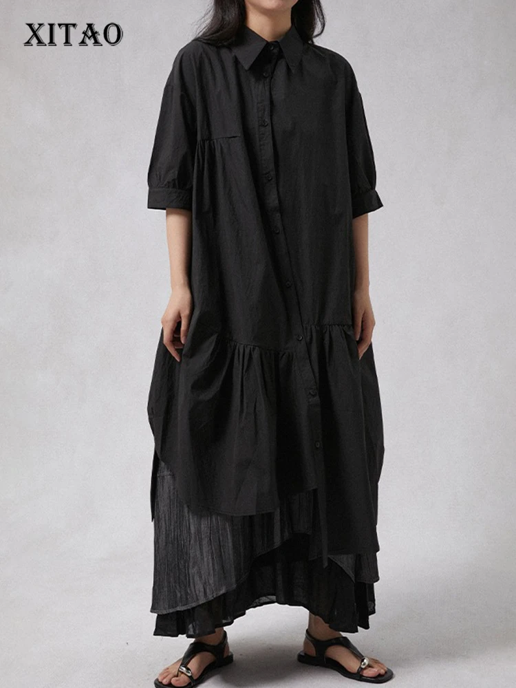 

XITAO Irregular Pleated Turn-down Collar Dress Single Breasted Solid Color A-line Loose Half Sleeve Summer Female Dress GYX1656