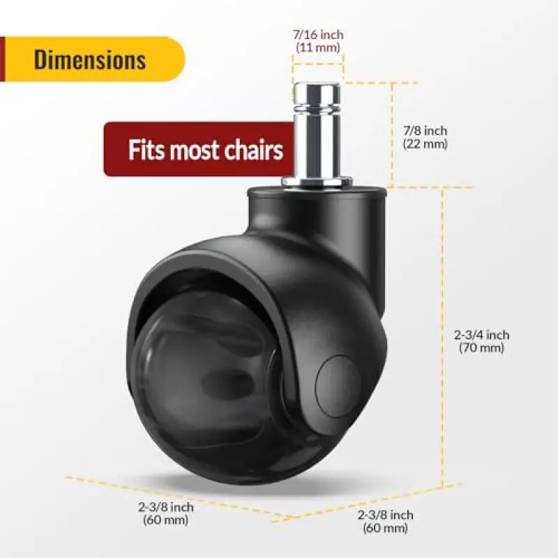 5 Pcs 2 Inch Black Office Chair Caster Wheels, M11 Stem Heavy Duty PU Quiet Smooth Rolling