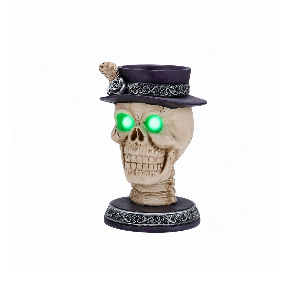 Halloween Skull Candle Holder with Glowing Green Eyes, Gothic Skeleton Head Statue with Feather Top Hat, Spooky Tabletop Decor