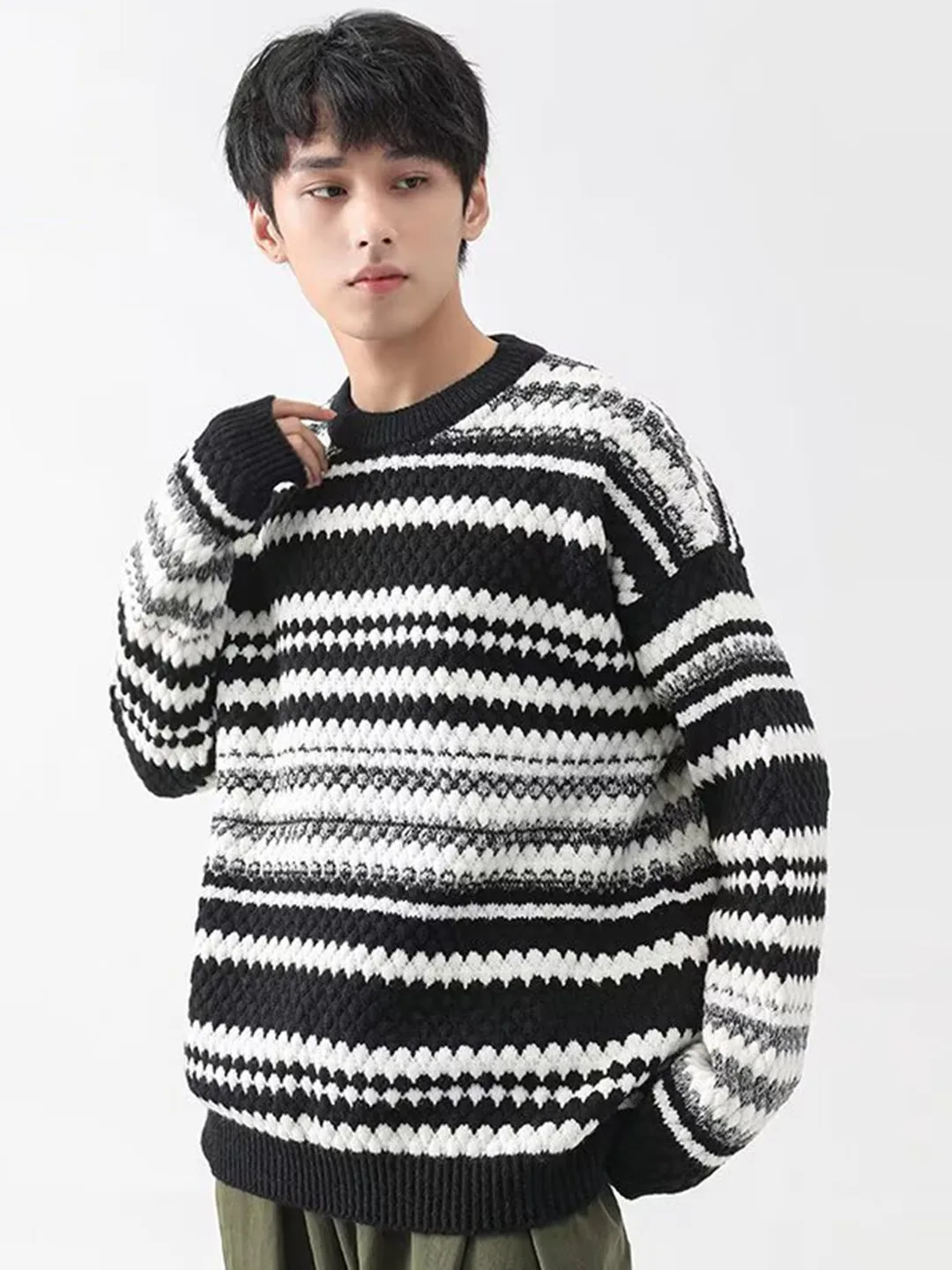 

Trendy Striped round Ne Loose Men's Knitwear Warmth Outerwear Couple's Vintage Casual Long Sve Sweater School Travel Daily