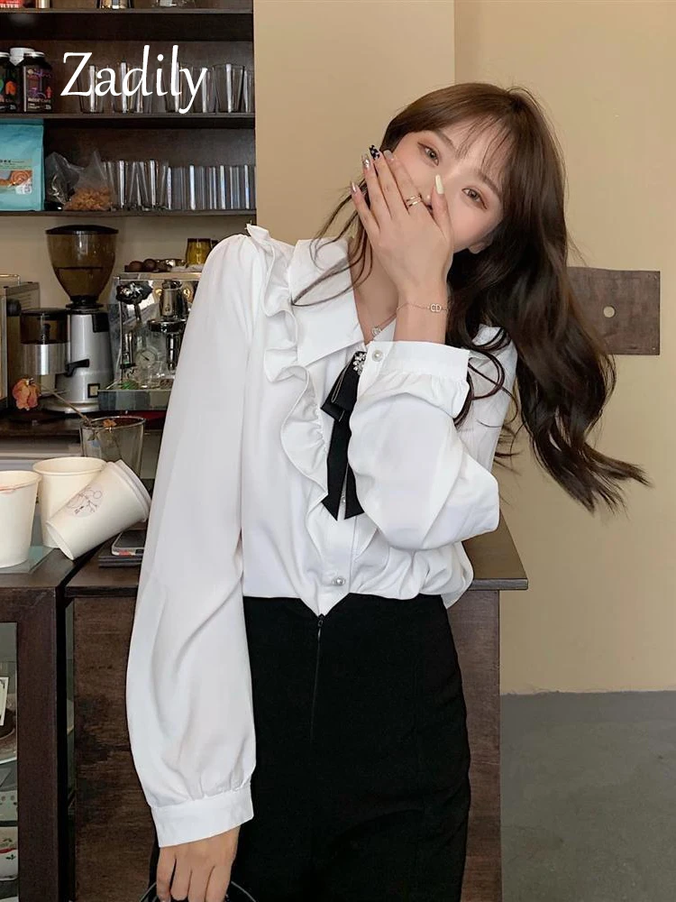 Zadily 2024 Summer Preppy Style Long Sleeve White Shirt Korea Style Button Up Ruffles Corsage Tops Female Clothing Blouses