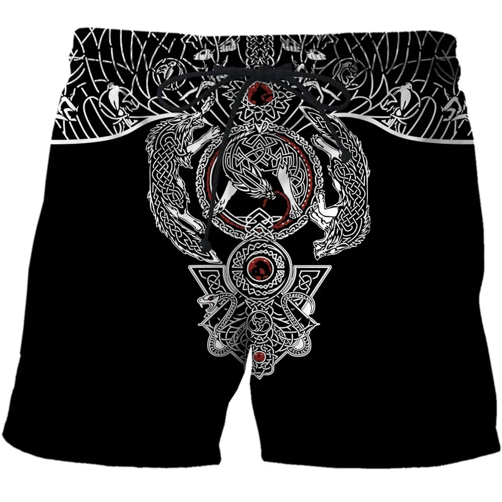 Viking Myth Valhalla Totem 3D Print Board Shorts Hawaiian Beach Shorts Men Swim Trunks Summer Vintage Brief Boys Pant Swimming