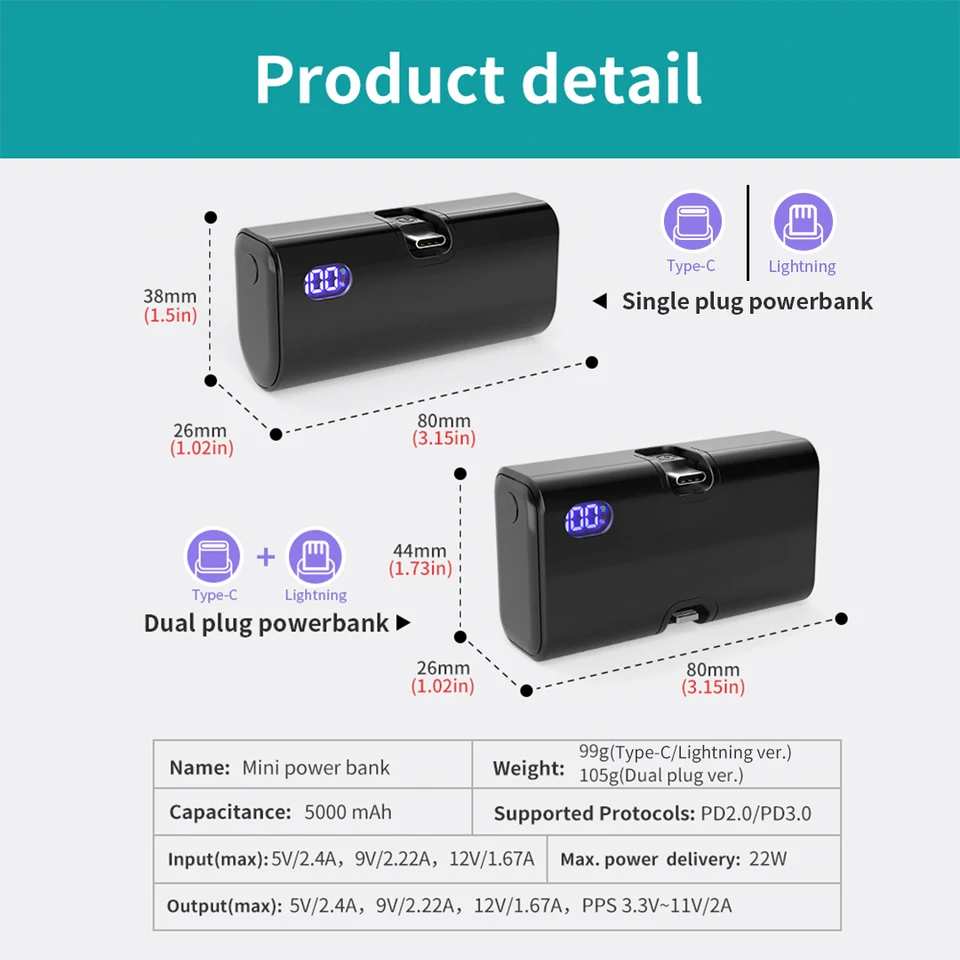 Power bank mini 5000mAh portátil con carga rápida, tipo C y Lightning, cargador plegable de doble enchufe para iPhone TECNO MI, batería externa 6