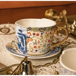 European Retro Irregular Ceramic Coffee Cup and Saucer Luxury Gold Plated Tea Set Afternoon Tea Cup Ceramic Cup Set Vaso De Cafe