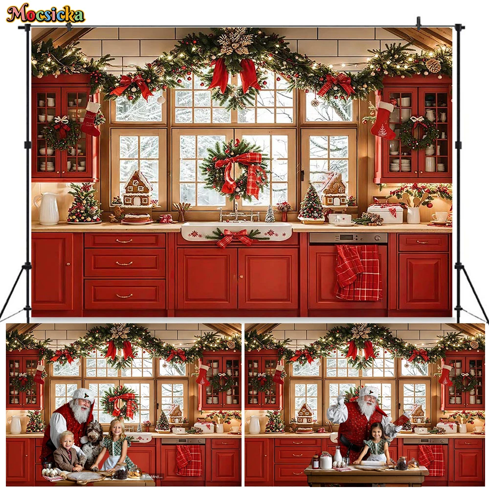 

Christmas Photography Background Red Kitchen Cabinet Gingerbread Dessert Backdrop Window Wreath Decor Kids Family Photo Studio