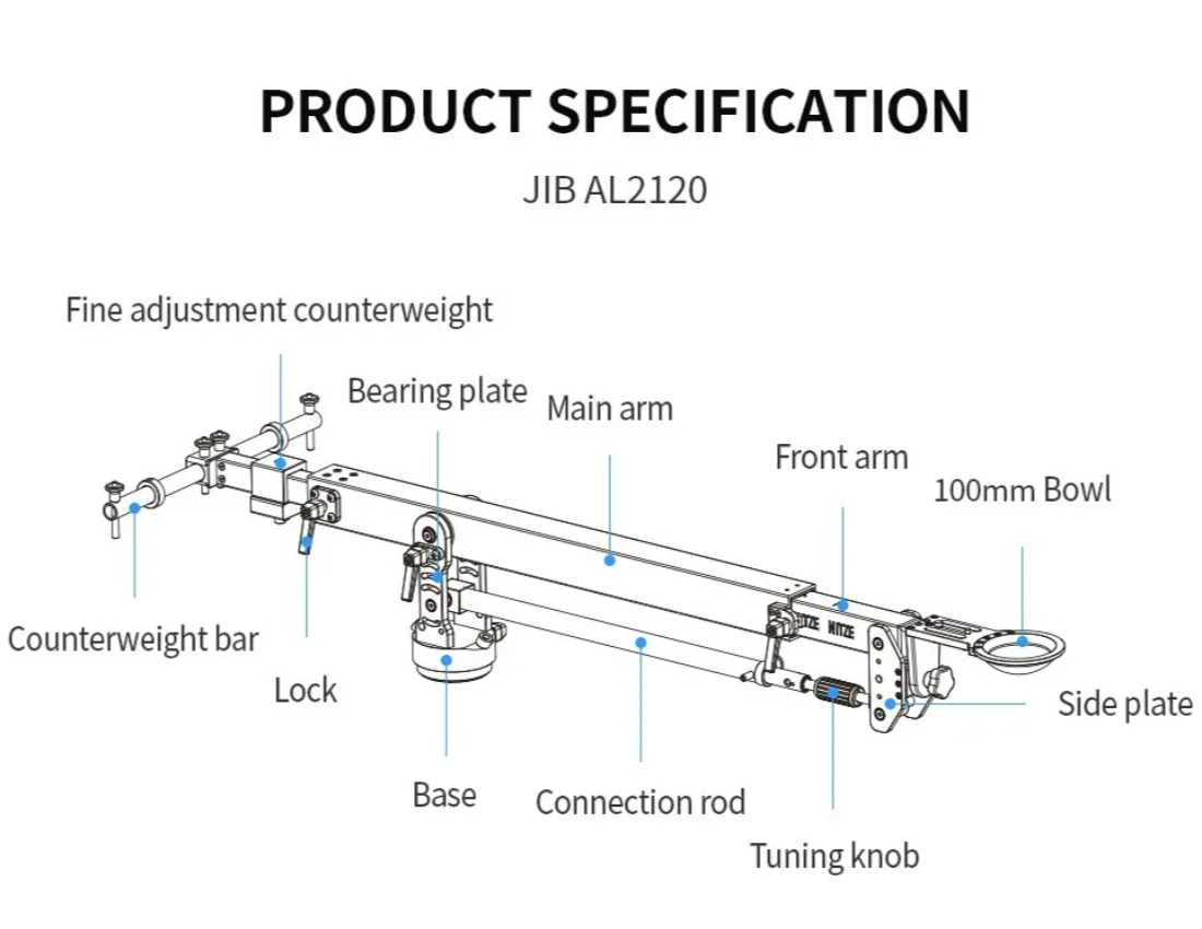 Nitze Professional Camera Jib Crane Arm Pan 100mm Bowl Qith Carry Bag 20KG Load, For DSLR Video Micro Single