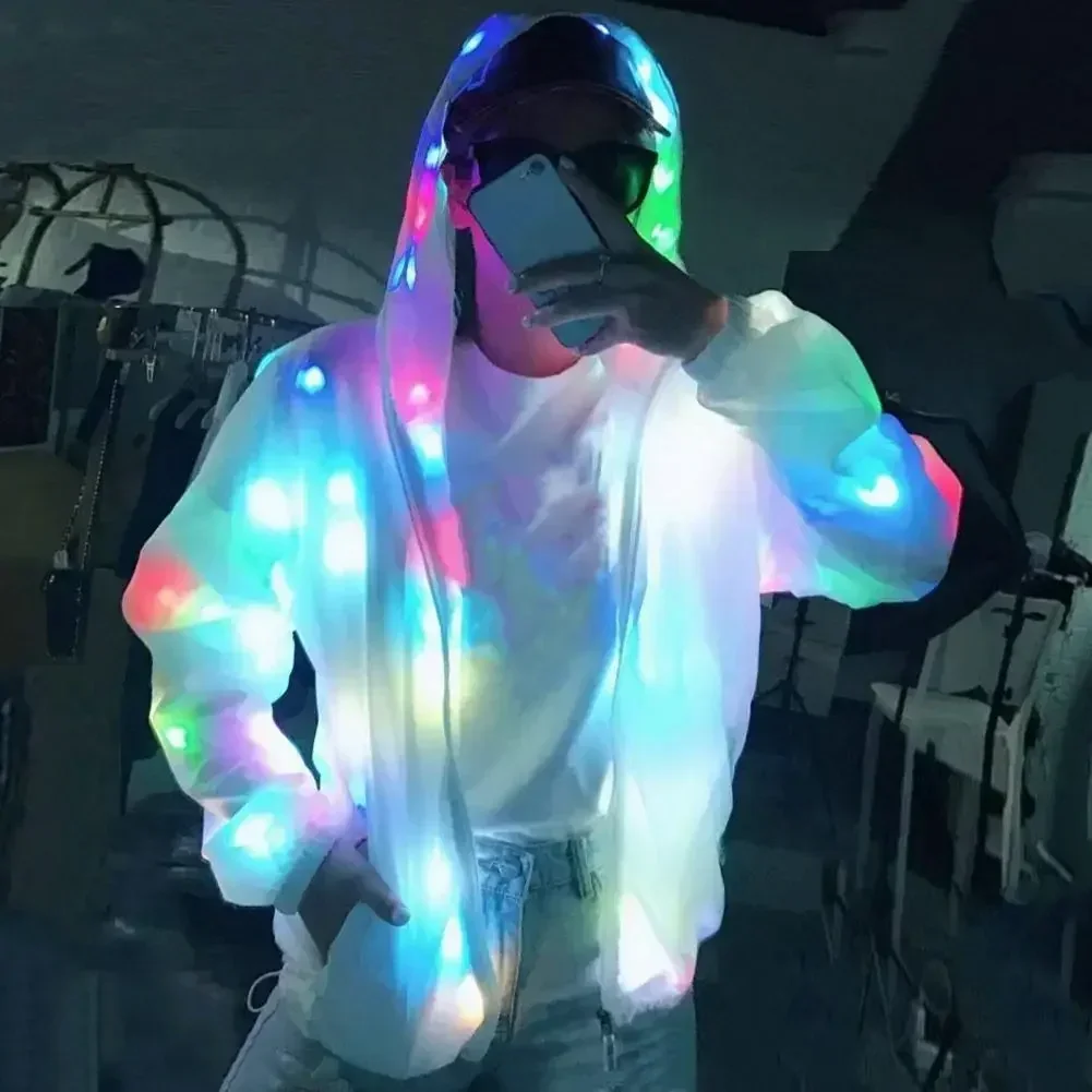 

Glow Jacket Led Hooded Jacket for Fall Winter Glow Colorful Light Emitting Long Sleeve Coat with Pockets for Club Concert