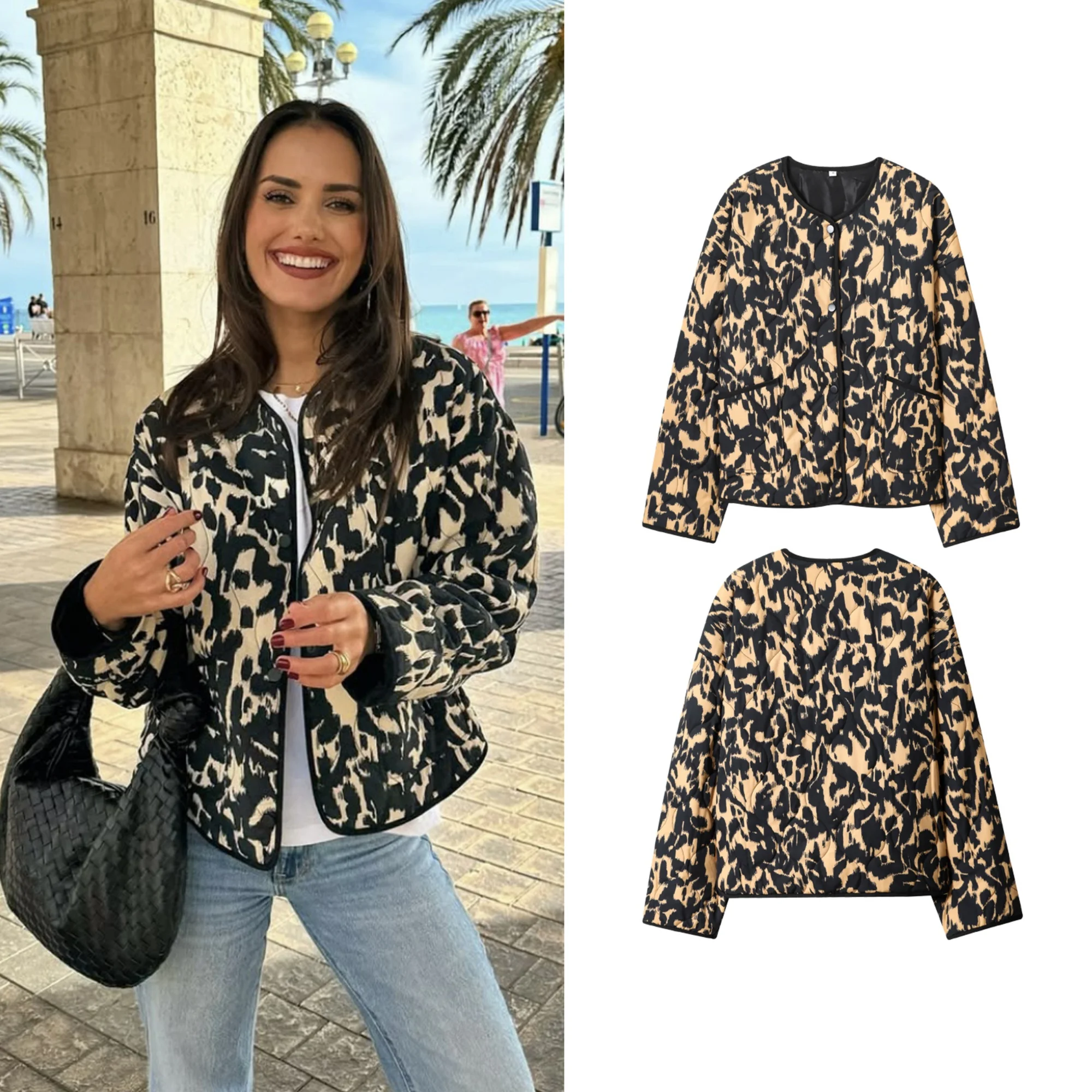 

2025 зимние женские стеганые пальто с леопардовым принтом, однобортная стеганая куртка с круглым вырезом и длинными рукавами, повседневная свободная теплая куртка, пальто