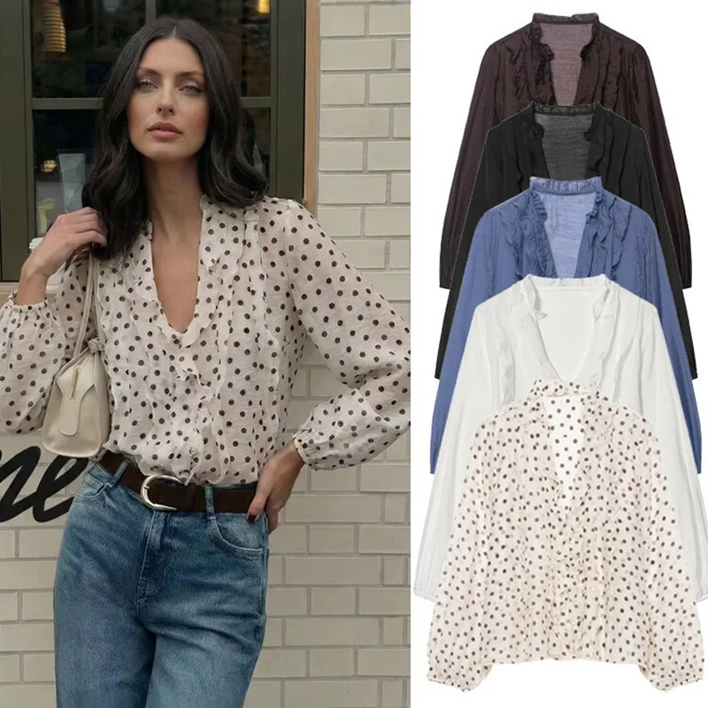 

Женские свободные блузки с рюшами, весна-лето, с длинным рукавом, многослойные, с V-образным вырезом, сексуальные, повседневные, модные, универсальные