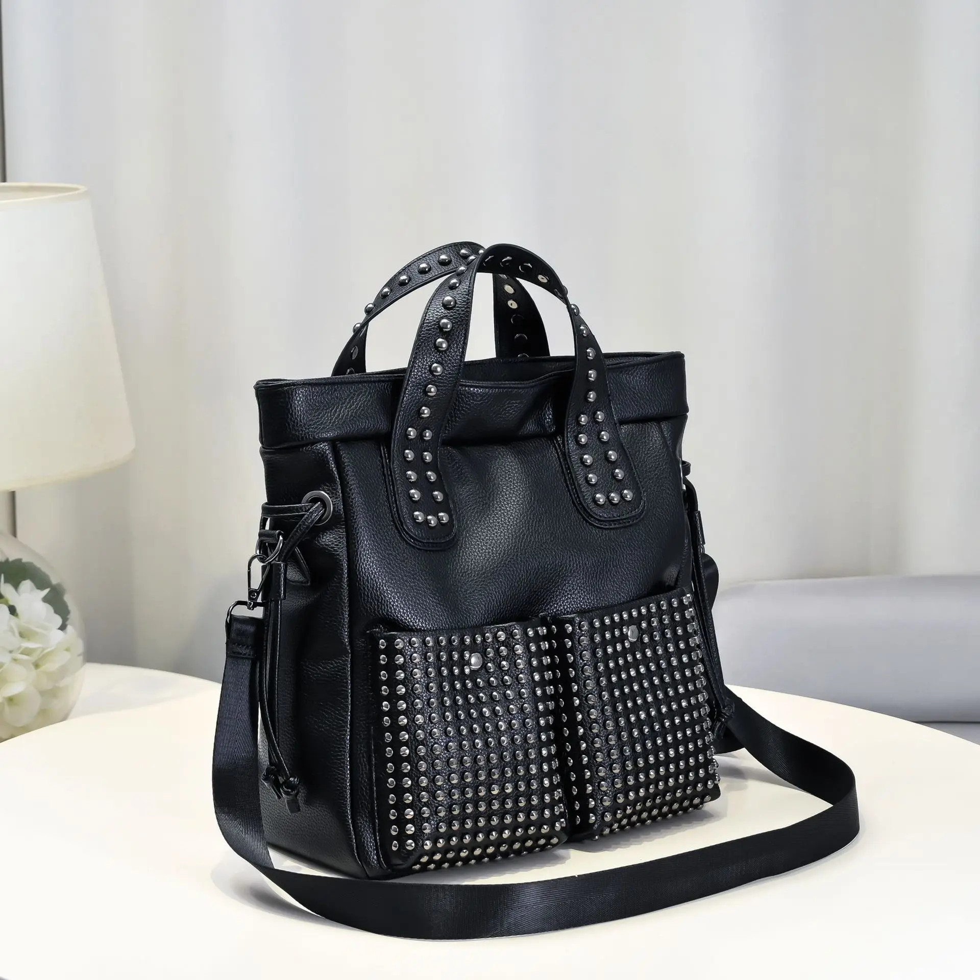 Gothic Style Tote Bag for Women Steampunk Studded Handbag Trendy Top Handle Crossbody Shoulder Bag Rivet Backpack Large Capacity