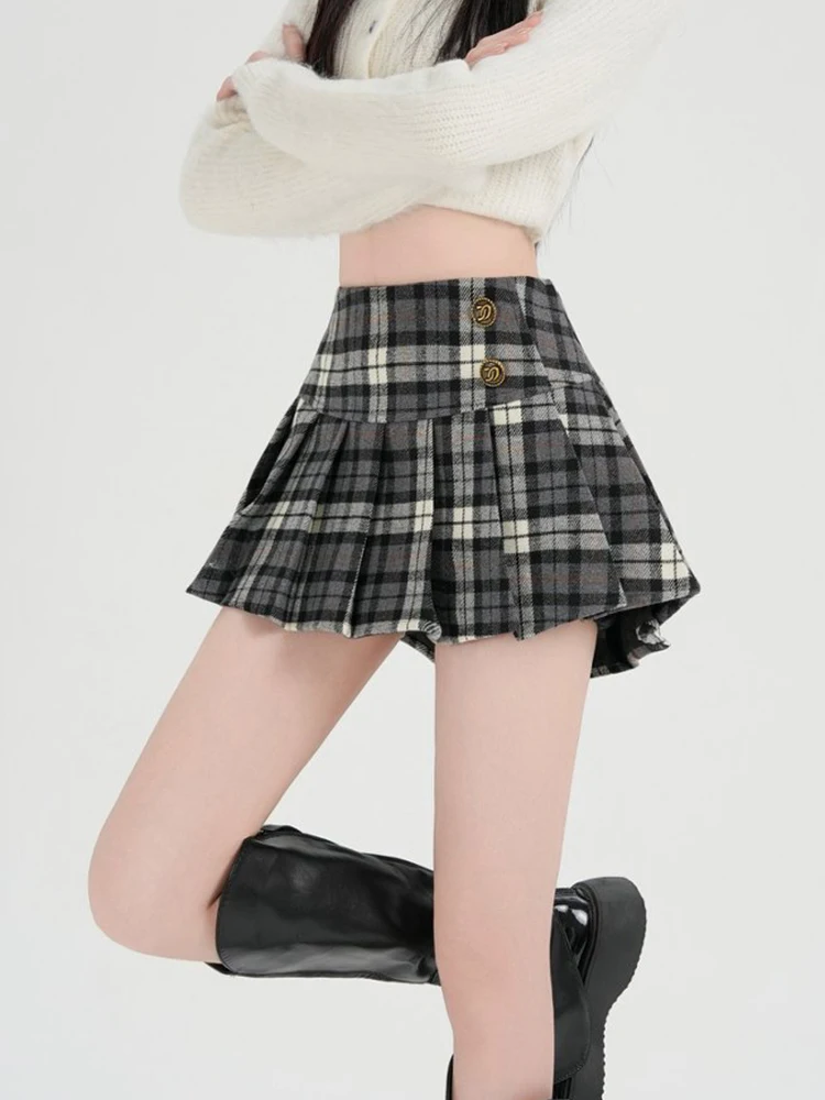 Fall Winter Colorblock Plaid Pleated Skirt With Button High Waist Sweet Wool Blend Preppy Vintage Short Skirts