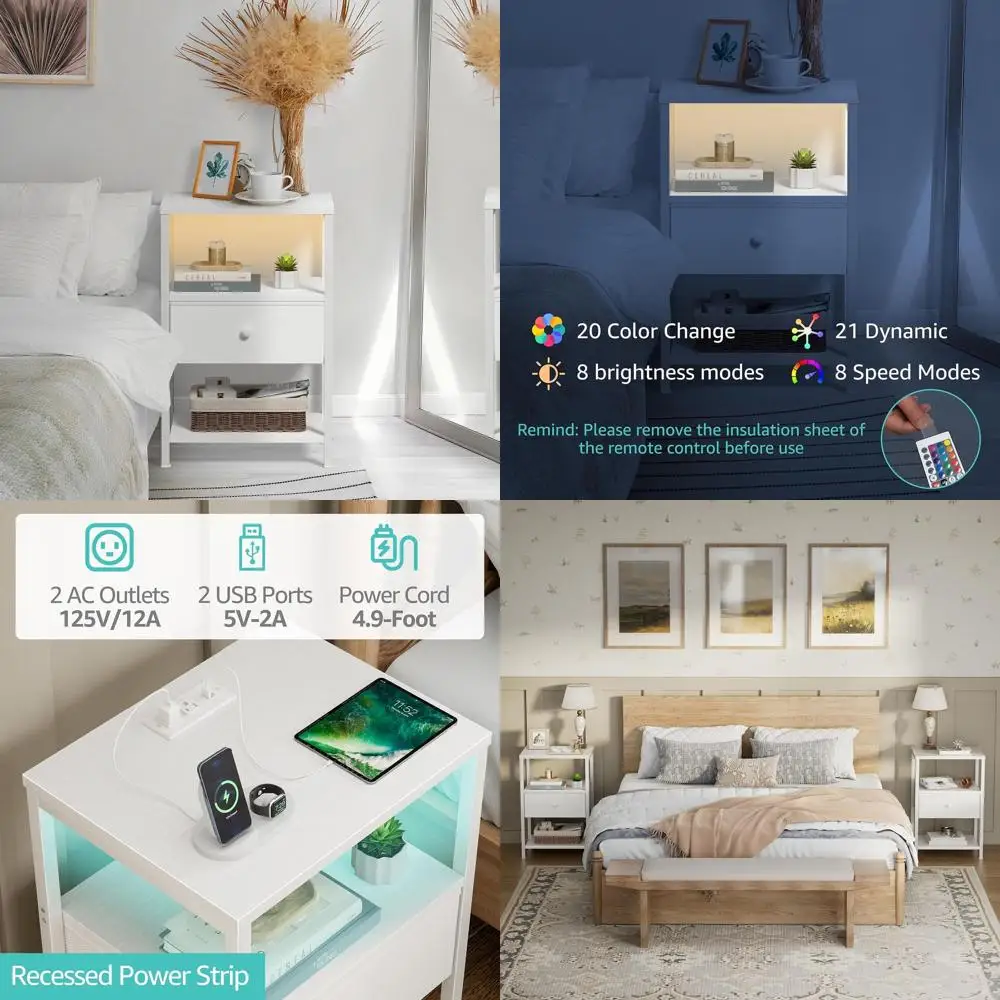

Modern Charging Nightstand with LED, Fabric Drawers, and Outlets for Bedroom