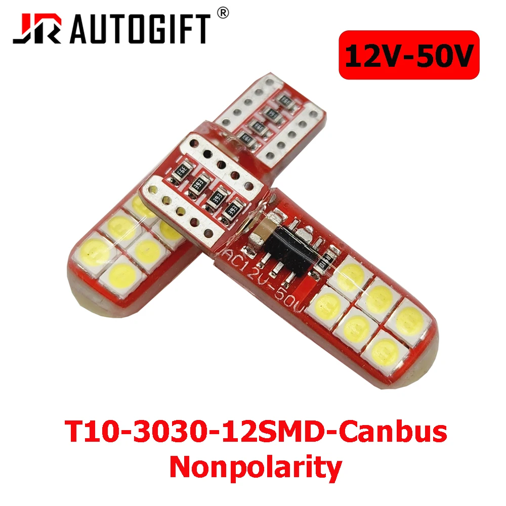 

100X 12-50V T10 W5W Canbus 3030 12SMD Silicon Auto Wedge Parking Bulb License Plate Light Car Truck Dome Reading Lamp Cold White