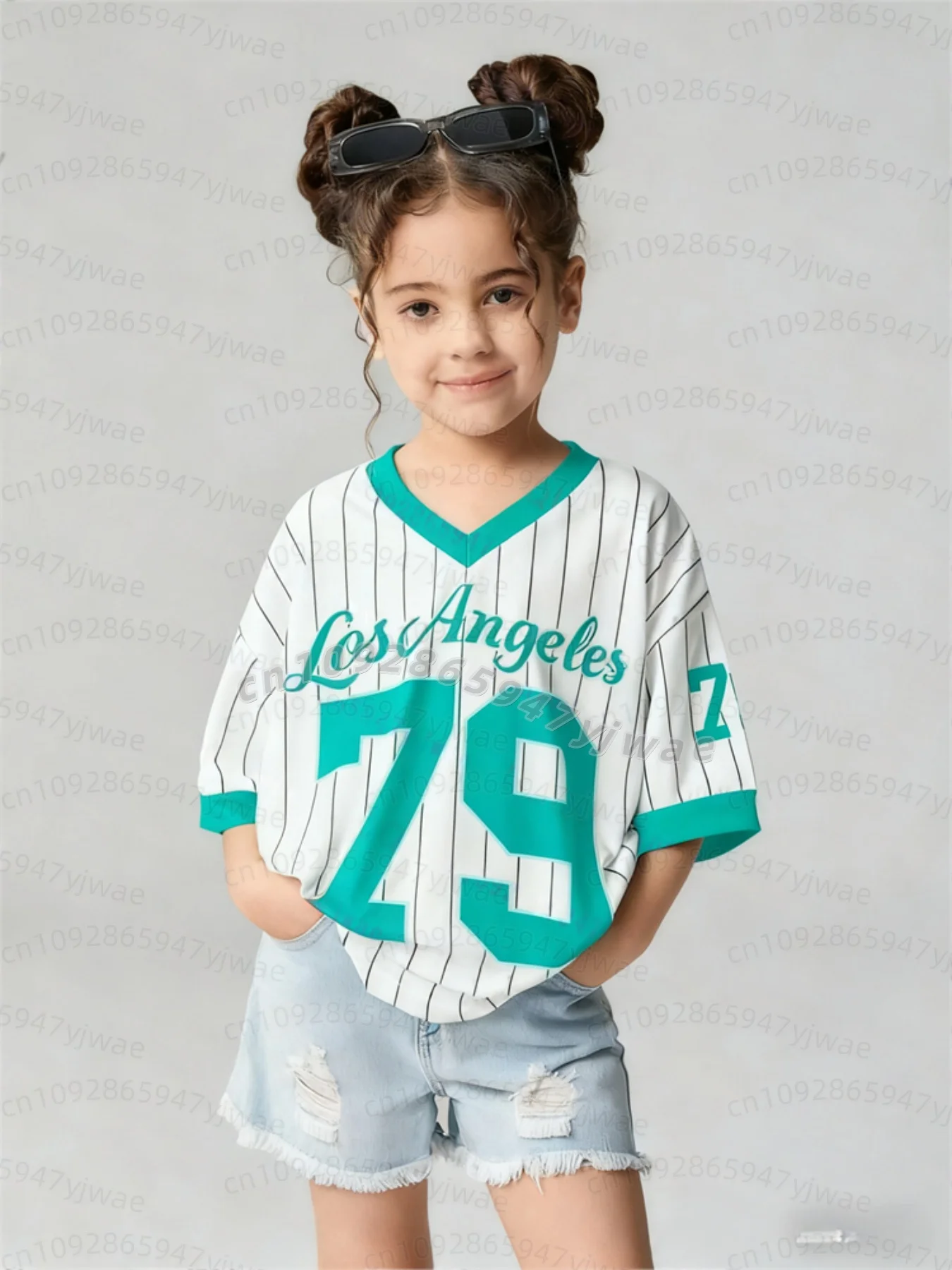 26 Mädchen Freizeit-Sportstil Los Angeles Nr. 79 Muster Farbblock-Print Kurzarm V-Ausschnitt Damen Kinder Erwachsene T-Shirt – Detail 11