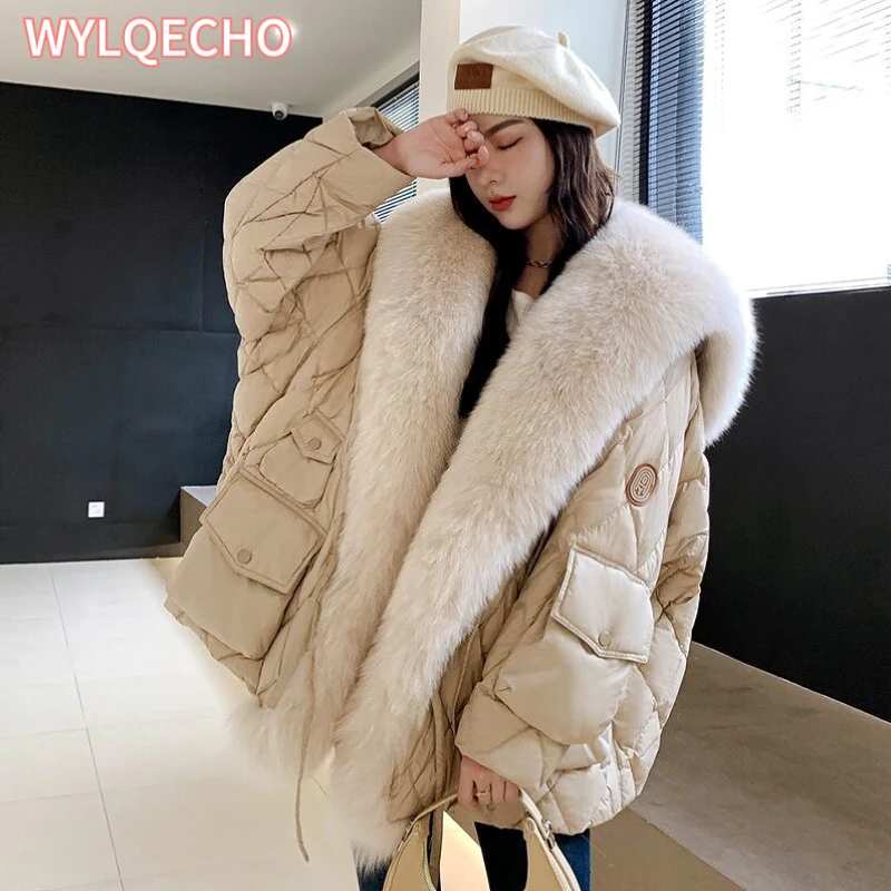 Jaqueta puffer fofa para mulheres, casaco de luxo grande, gola de pele de raposa falsa, pena solta, parka feminina, outwear de neve, à prova de vento, inverno, 2023