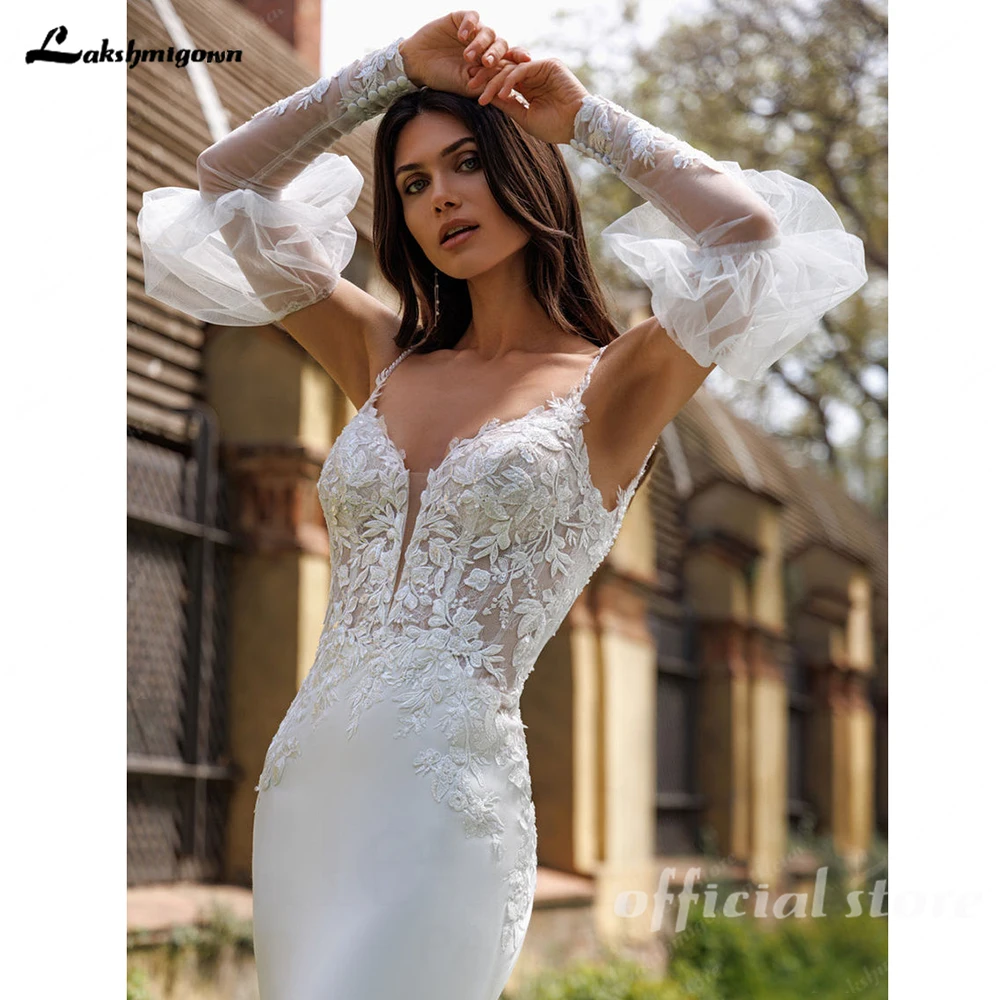 Lakshmigown Sexy V-Ausschnitt Spitzen-Meerjungfrauenkleid für Frauen, Crêpe-Satin V-Ausschnitt Langes Brautkleid nach Maß – Detail 8