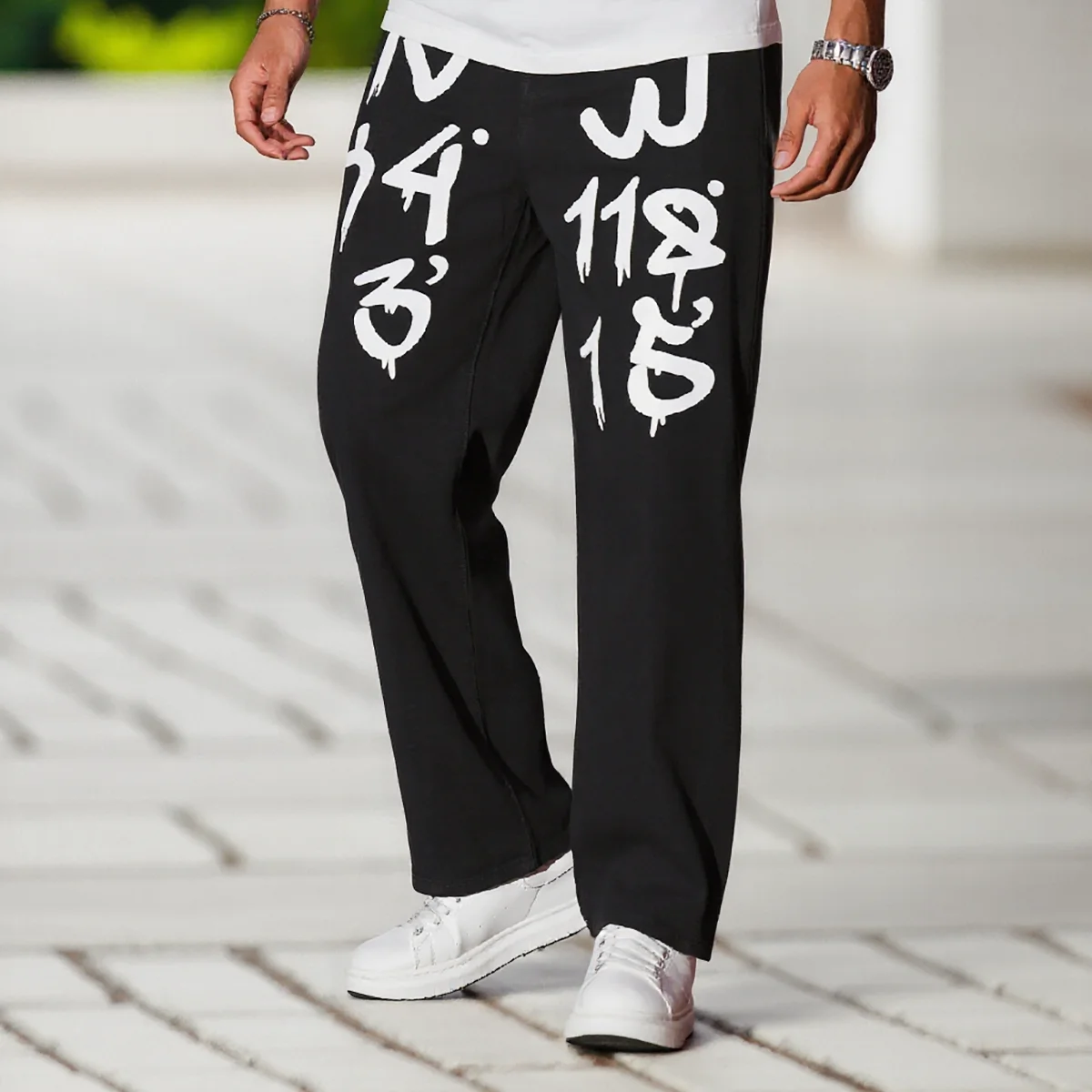 Men Graffiti Coordinate Print Wide‑Leg Jeans, Black Street Hip‑Hop Loose Straight Denim Pants, 70%Cotton Heavyweight Casual Male