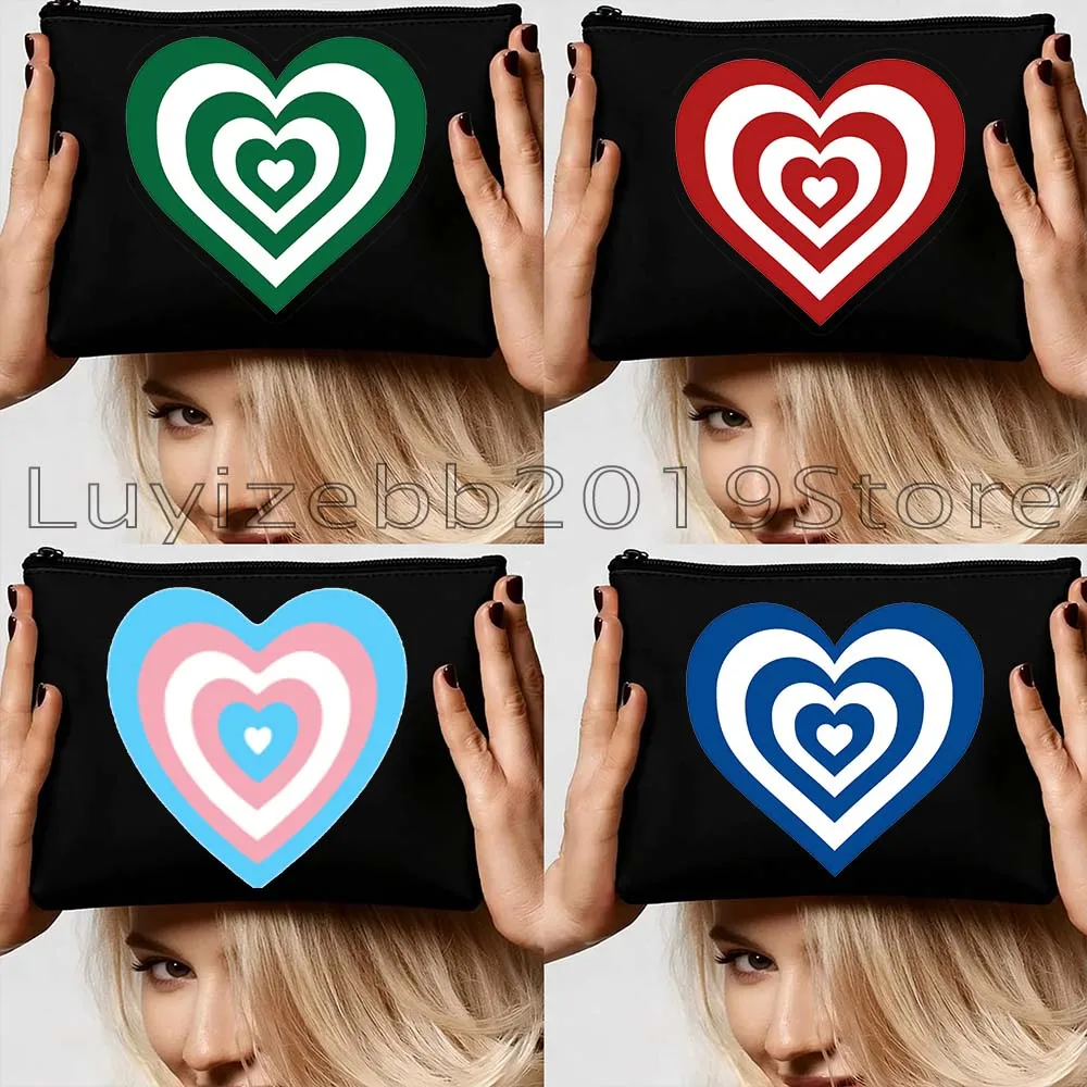 Aesthetic Retro Cute Love Heart Pink Blue Green Girls Hearts Canvas Cosmetic Bags Organizer Makeup Toilet Bag Pencil Case Pouch