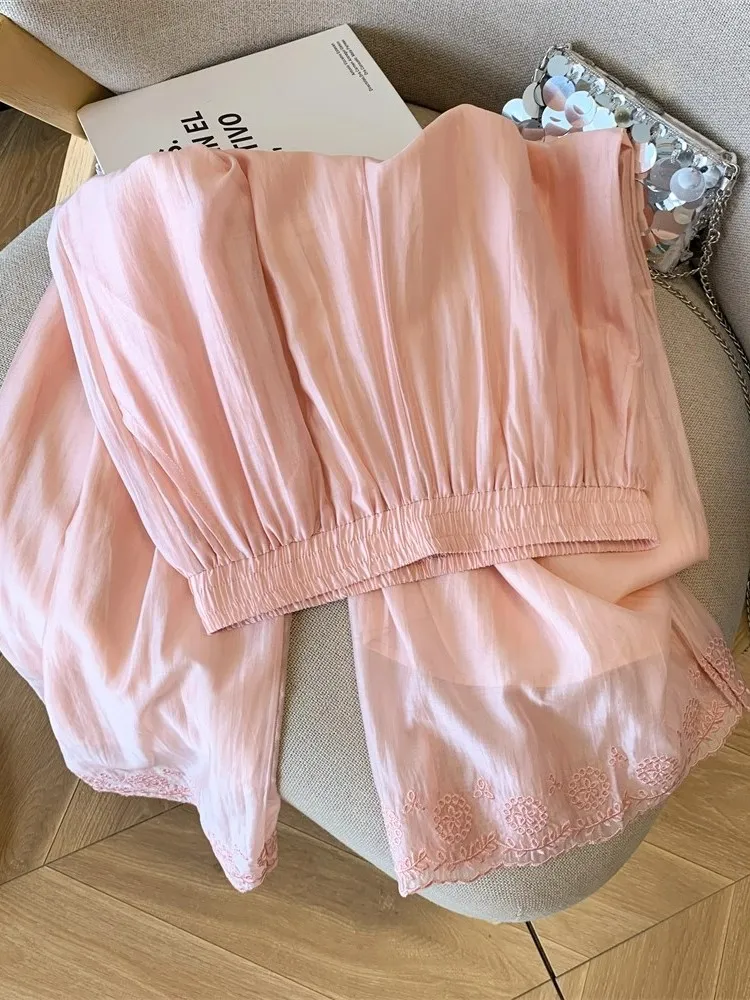 Sweet Youthful Pink Embroidered Lace Wide Leg Pants Women Summer Thin Loose Casual Linen Straight Long Trousers