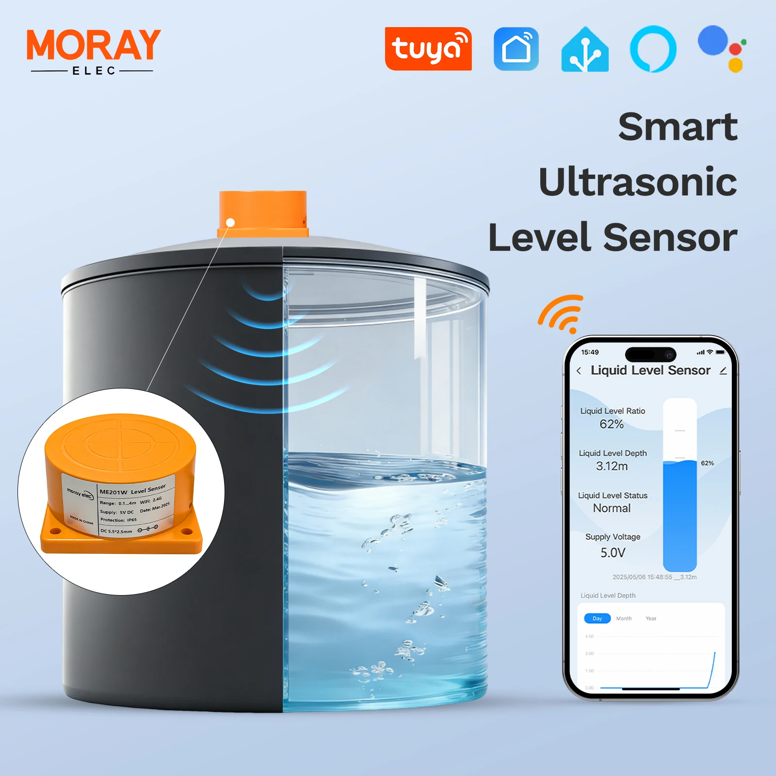 Moray ME201W Liquid Level Sensors Water Level Monitor Tuya Smartlife APP WiFi Ultrasonic Level Indicator Sensor