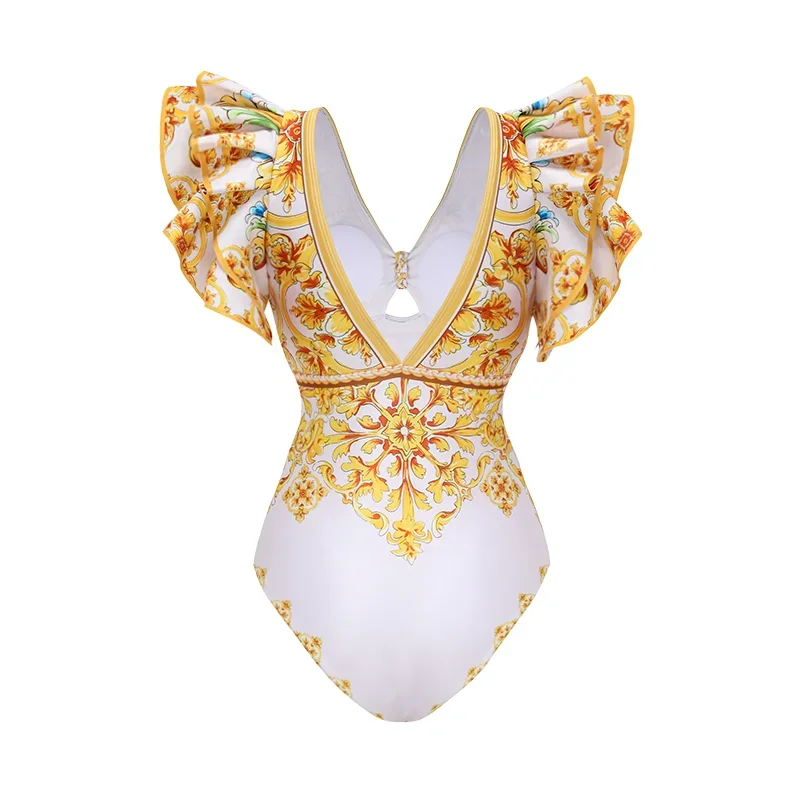 FLAXMAKER Ruffle V Neck  Golden Majolica Print One Piece Swimsuit and Shorts Women Beachwear Luxury Bathing Suit