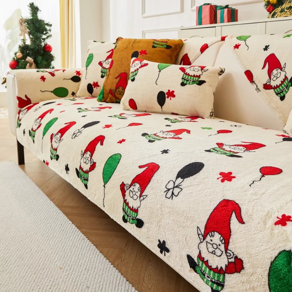 Cartoon Santa Claus Sofa Mat Anti Cat Scratch Sofa Cushion Pad Jacquard High Elasticity Non Deformable Christmas Sofa Seat Cover