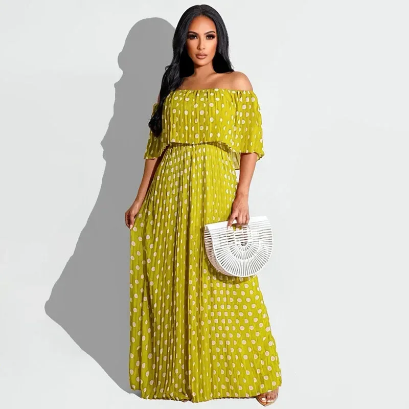 

KEXU Polka Dot Off Shoulder Butterfly Sleeve Big Swing Fit Flare Maxi Long Women Dress 2024 Summer Holiday Boho Sundress