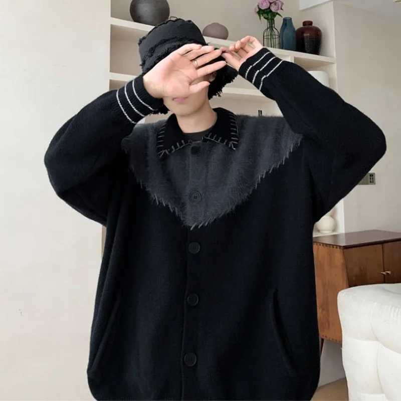 

Color Blocked Men's Polo Collar Button Cardigan American Vintage Knitwear Spring Autumn Streetwear Oversized Outerwear