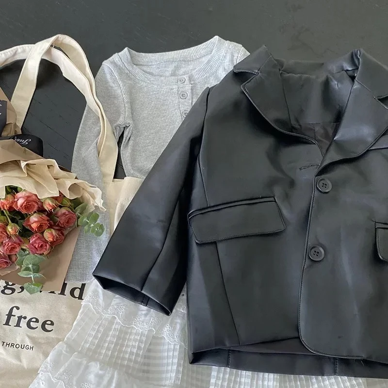 Outerwear Boys Girls Leather Clothing New Autumn Children Coat Handsome Jacket PU Turn Down Collar Tide Coats Soild